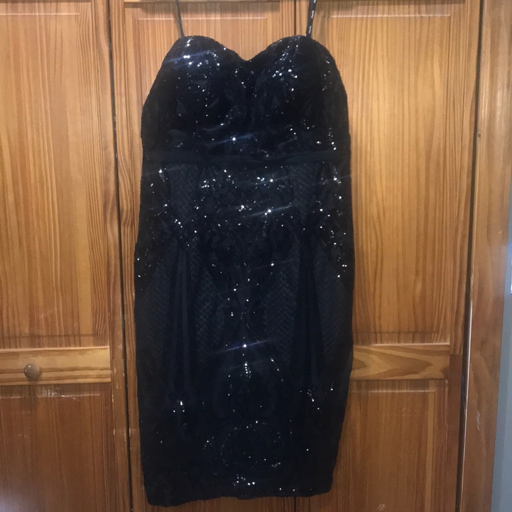 Strapless black sequin cocktail dress